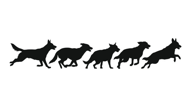Silhouette sequence depicting a dog running and jumping across a white background