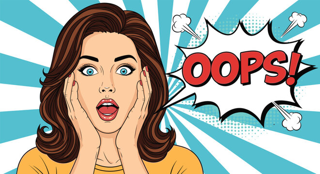 Surprised woman with open mouth holding her face next to oops comic speech bubble on blue radial sunburst background.