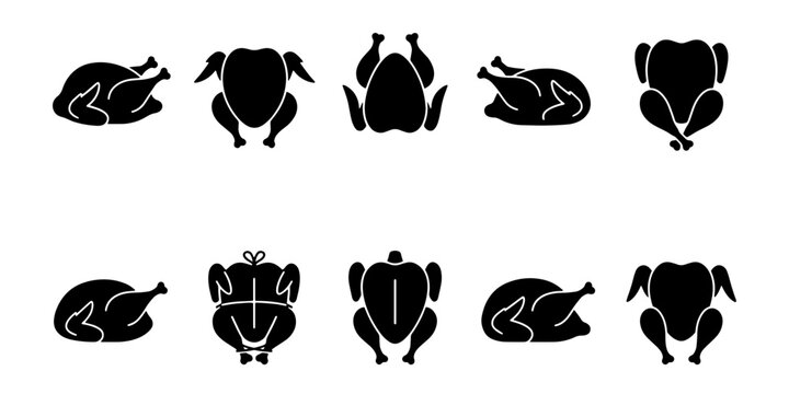 Roasted chicken silhouette icons, set of 10 whole cooked poultry vector elements, black turkey and hen meat symbols for restaurant menus
