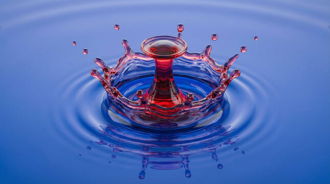 goccia di liquido rosso che cade sulla superficie piatta di un liquido blu e crea degli schizzi geometrici, illustrazione 3D, 