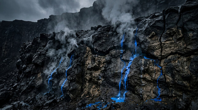 liquido azzurro che esce dalle crepe su una parete di roccia color grigio scuro, illustrazione 3D