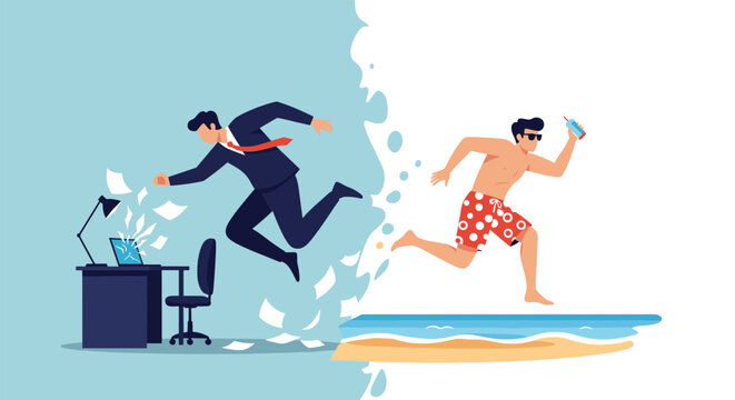Concept illustration of a businessman jumping from his office desk with a laptop into a sunny beach vacation scene for work life balance.