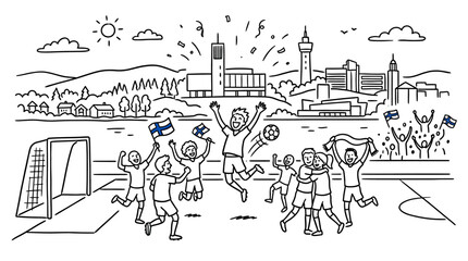 Fototapeta premium Finnish Soccer Team Celebrates Victory in Front of Cityscape