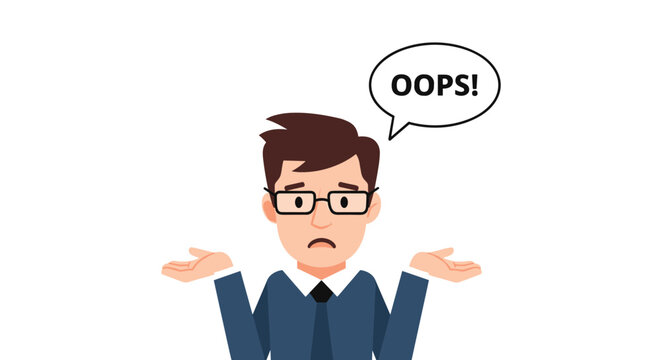 Cartoon businessman shrugging his shoulders with a confused expression and an oops speech bubble representing a mistake or misunderstanding.