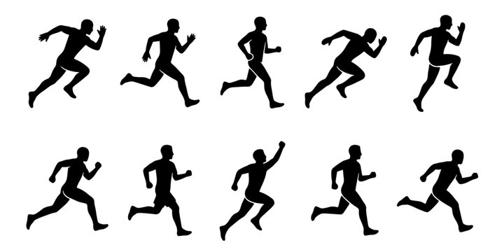 Running man silhouette set of 10 vector icons, male runner sprinting animation sequence, athletic person jogging in various poses for sports design