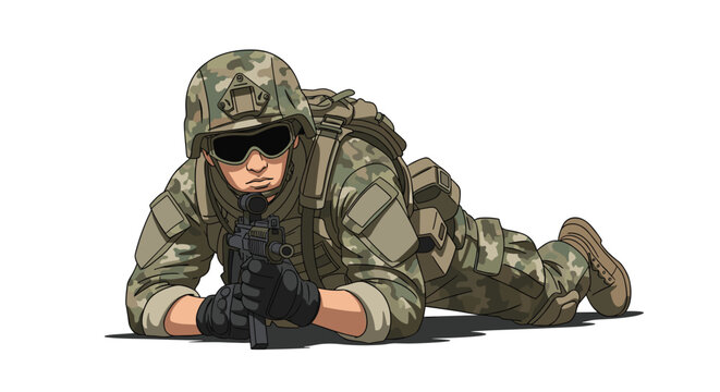 Soldier in full camouflage combat gear and tactical helmet lying in a prone position aiming a modern assault rifle on a white background.