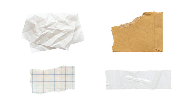 Collage set of crumpled paper torn kraft envelope and clear plastic tape on a transparent background