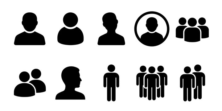 Minimalist user profile icon set, black human avatar vector collection, 10 people silhouette symbols for web interface and mobile app design