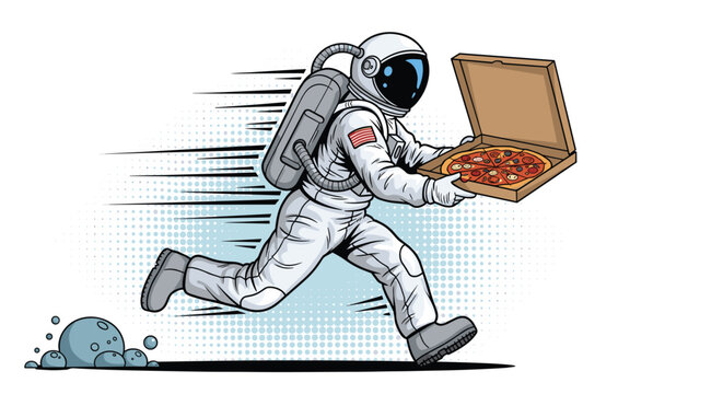 Funny illustration of an astronaut in a full space suit running quickly across a lunar surface while holding an open box of pepperoni pizza.