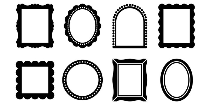 Vintage picture frame silhouettes, set of 8 ornate black borders. Antique decorative mirror frames. Elegant Victorian gallery wall vector elements.