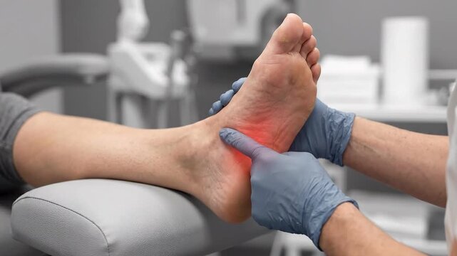 Foot medical anatomy podiatrist pain inflammation heel ankle examination clinic during podiatry exam, gloved specialist presses arch and ankle, closeup diagnosis of heel inflammation pain