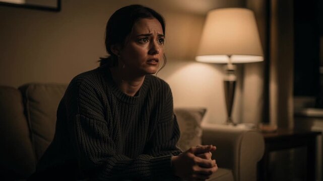 Anxious woman sitting on couch in dimly lit room feeling stressed and worried