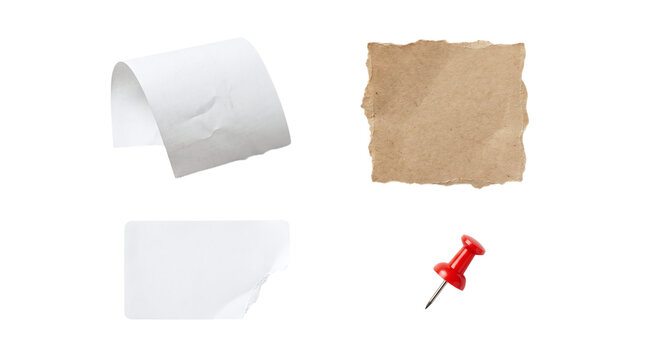 Curled white receipt torn kraft paper and red push pin on a transparent background