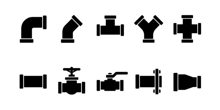 Industrial pipe fitting icons set, black plumbing connector silhouettes, 10 vector pipe valve and joint elements for engineering and construction