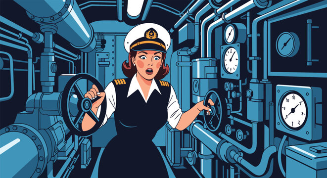 Determined female ship captain in a dark uniform turning large metal valves among pipes and gauges inside a submarine engine room.