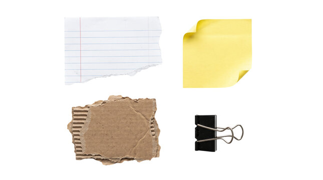 Academic collage set with torn lined paper yellow sticky note and binder clip on a transparent background