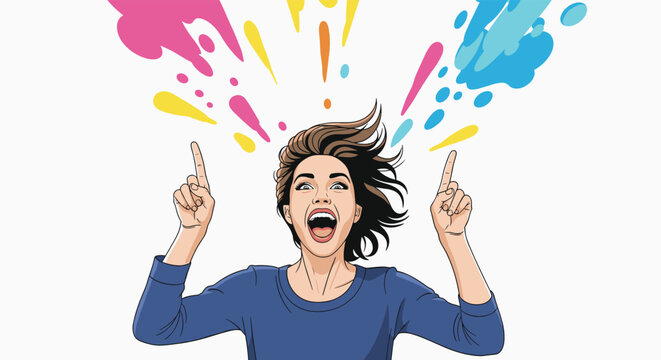 Excited and joyful woman shouting with arms raised as colorful paint splashes explode from the top of her head against a white background.