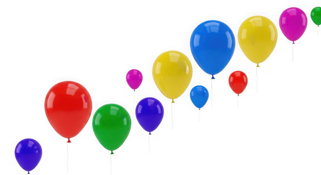 Collection of colorful balloons floating upwards as transparent PNG