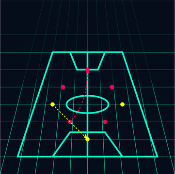Futuristic neon basketball court tactical board with glowing lines and player movement paths dark Illustration