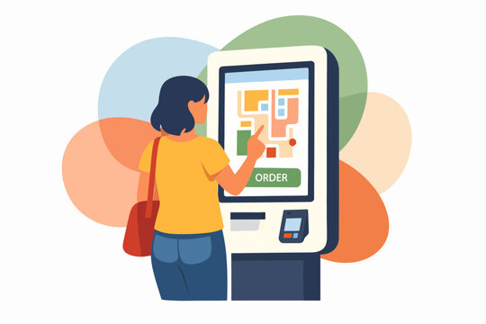 Woman Using Self Service Kiosk for Digital Ordering and Payment