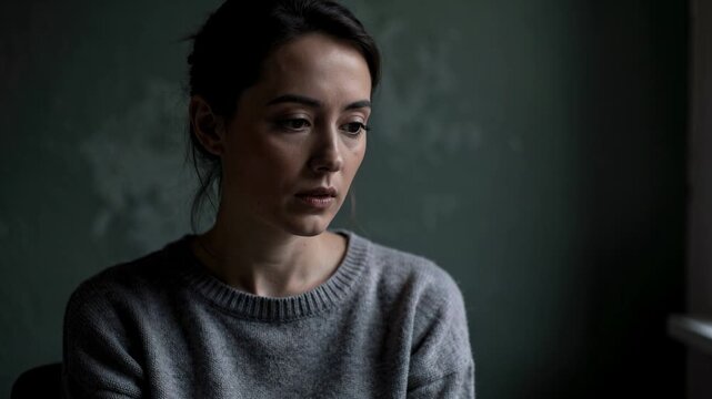 Pensive young woman sitting alone in dimly lit room with somber expression reflecting deep thought