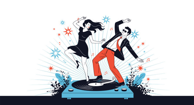 Artistic illustration of a man and woman in vintage clothes dancing energetically on top of a giant spinning blue vinyl record player.