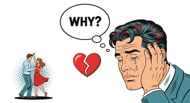 Sad man crying with tears on his face and a broken heart thought bubble while watching another couple dance in the distance.