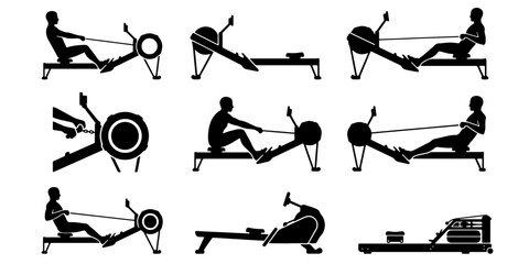 Rowing machine silhouettes set, indoor rower exercise equipment icons, fitness workout silhouettes of people rowing, gym training vector graphics © Laila