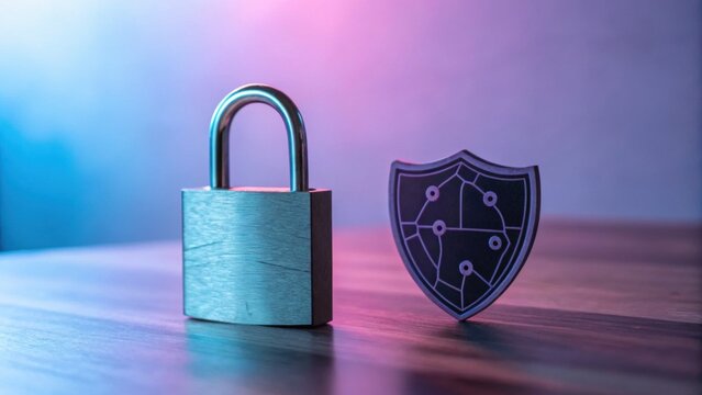 A metal padlock and a shield icon with a digital circuit design symbolize cybersecurity and data protection on a reflective surface with blue and purple lighting.