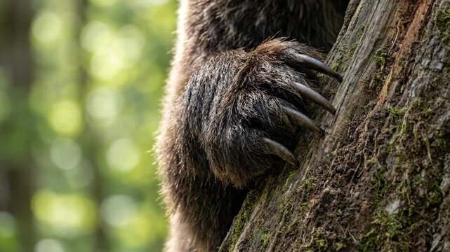 Close up of a brown bears paw with sharp claws gripping a tree trunk in a forest setting.