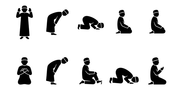 Islamic prayer positions silhouette set, Muslim man performing Salah steps, black vector icons of religious worship movements and postures