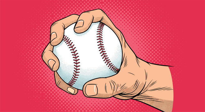 Detailed illustration of a person's hand firmly gripping a white baseball with red stitching against a vibrant pink halftone background.