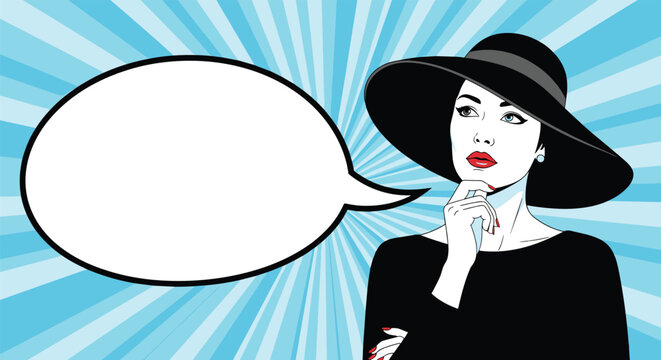 Sophisticated woman wearing a wide brimmed black hat and dress is thinking deeply next to a large blank speech bubble on blue.