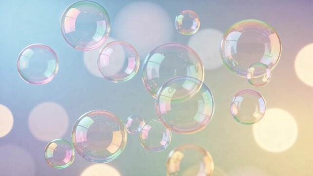 Delicate soap bubbles floating gently in soft pastel light shimmering with rainbow colors