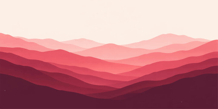 Abstract red mountain landscape with layered hills and soft gradient sunset background