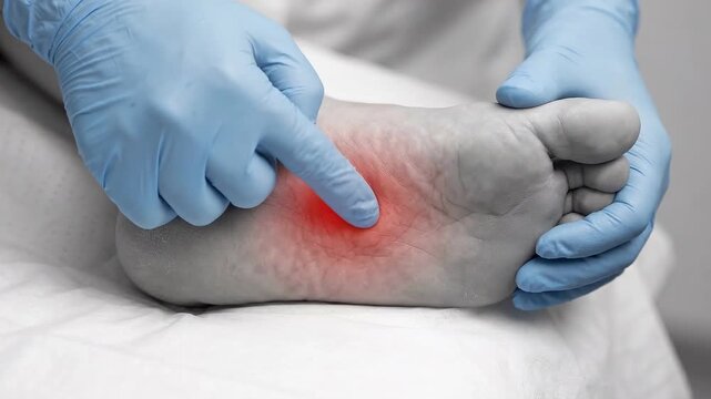 Foot Pain Medical Anatomy Sole Examination With Gloved Hand Checking Plantar Heel Redness, Podiatry Inflammation Injury Diagnosis During Clinical Foot Care Assessment and Treatment