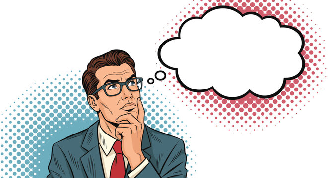 Thoughtful businessman wearing glasses is contemplating deeply with his hand on his chin next to a large empty thought bubble on blue.