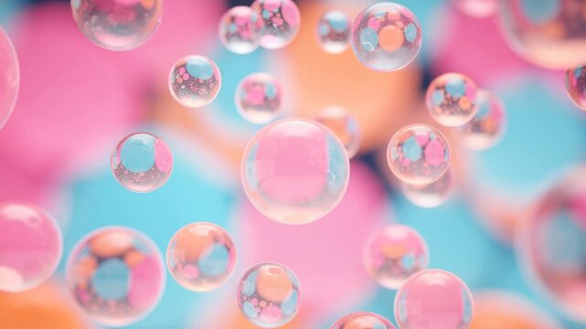 Mesmerizing translucent bubbles floating gently against a vibrant colorful background for relaxation and beauty