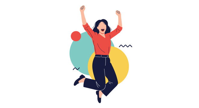 Energetic young woman jumping high in the air with arms raised celebrating success and happiness against colorful abstract circles.