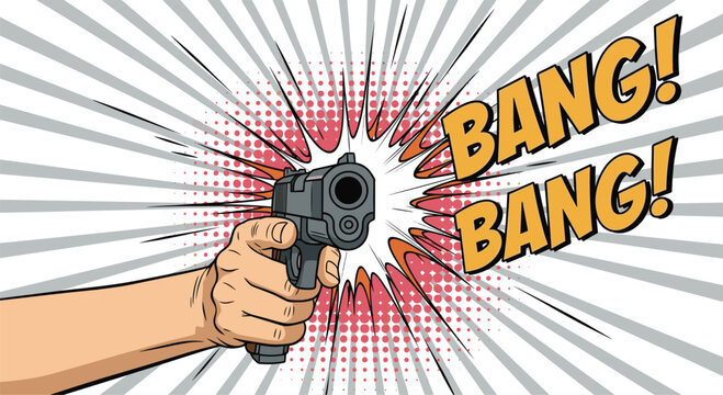 Human hand holding a handgun aimed directly at the viewer with loud bang onomatopoeia and comic book action effects background.