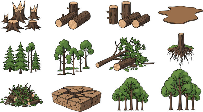 A collection of cartoon forestry elements depicts felled trees stumps logs and healthy trees alongside cracked earth and foliage high quality professional detailed