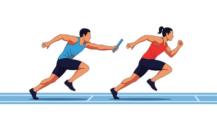 Fototapeta premium Man and woman athletes running on a blue track during a relay race while handing over a blue baton against a white background.