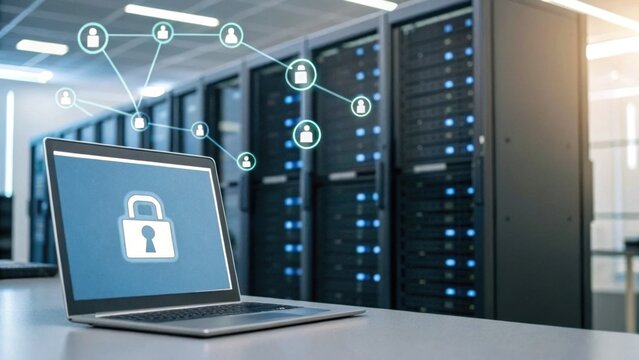 Laptop with a lock icon on screen connected to user icons, symbolizing cybersecurity and data protection in a server room.