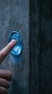 Futuristic tech vibes finger touch blue button on concrete wall, glowing circular interface detail in moody low light