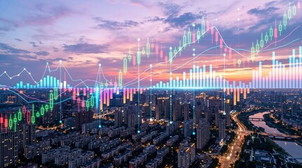 Fototapeta na wymiar High angle view of city at sunset with glowing financial bar charts and data visualization, economic success and international trade growth in modern metropolis.