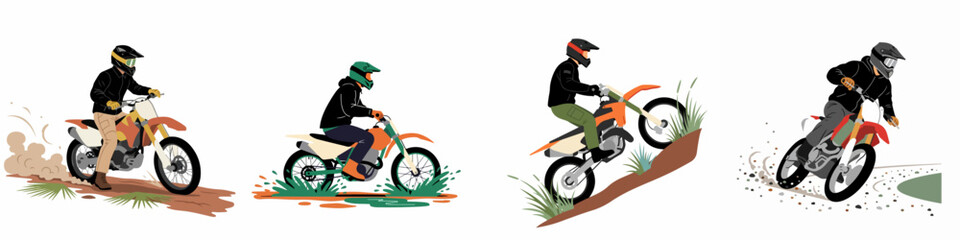 Set of four illustrations featuring professional dirt bike riders performing off-road maneuvers like hill climbing, mud racing, and drifting on white background. © Jayadi