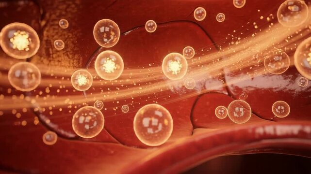 Dynamic animation of glowing particles flowing swiftly through artery for medical health and science visualization