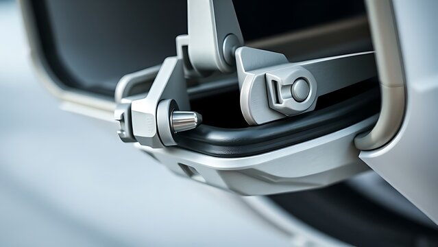 aerobridge. Close-up of an aerobridge's folding docking mechanism with hinges and seal. mobility guides, transit brochures, designed for transport & logistics marketing, supports logistics messaging.