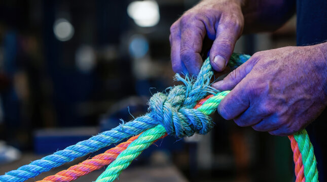 Rope knot hand worker service concept unsubscribe industry detail tightly woven rope knot concept for unsubscribe choice and service commitment