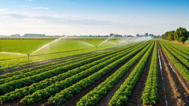 A vast agricultural field with evenly spaced crops being irrigated by sprinkler systems under a clear blue sky.